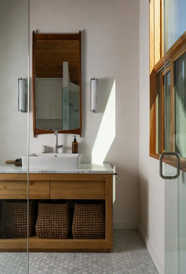 Bathroom vanity in warm wood with woven basket storage, vessel sink and hexagon mosaic floor